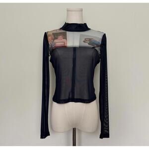 Eckhaus Latta Prom Cropped Mesh Top Blue Sheer Long Sleeve Photo Print